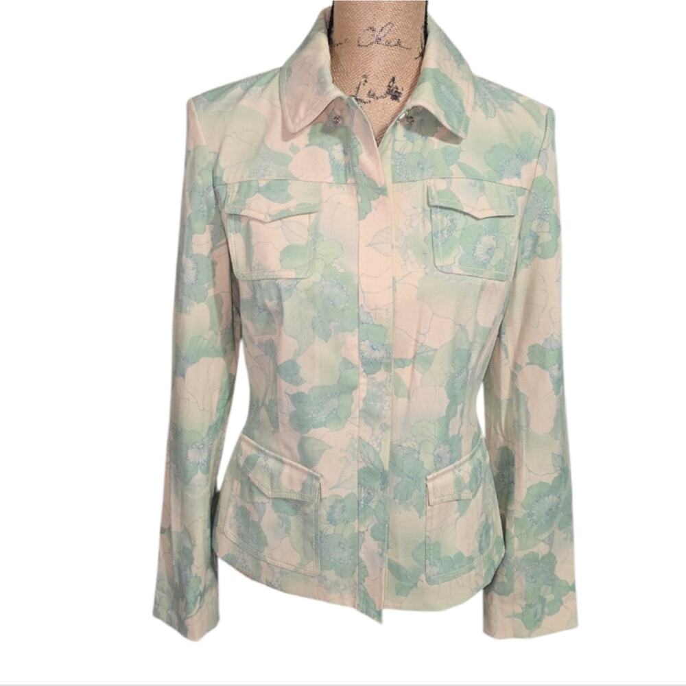 Elie Tahari Green Blue And Cream Floral Print Women's Jacket Blazer Size Med